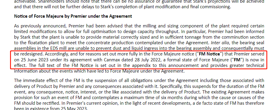 PREM公告称其6月25日便向天华新能发出“不可抗力通知”