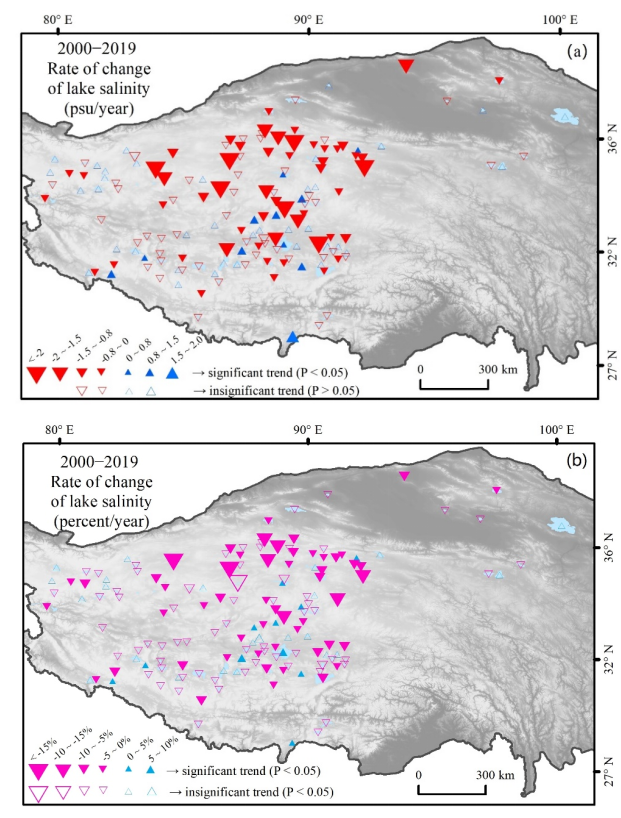 青藏高原152个面积大于50km2 湖泊2000-2019反演盐度年际变化空间分布