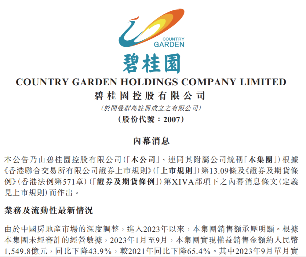 碧桂园10月10日公告