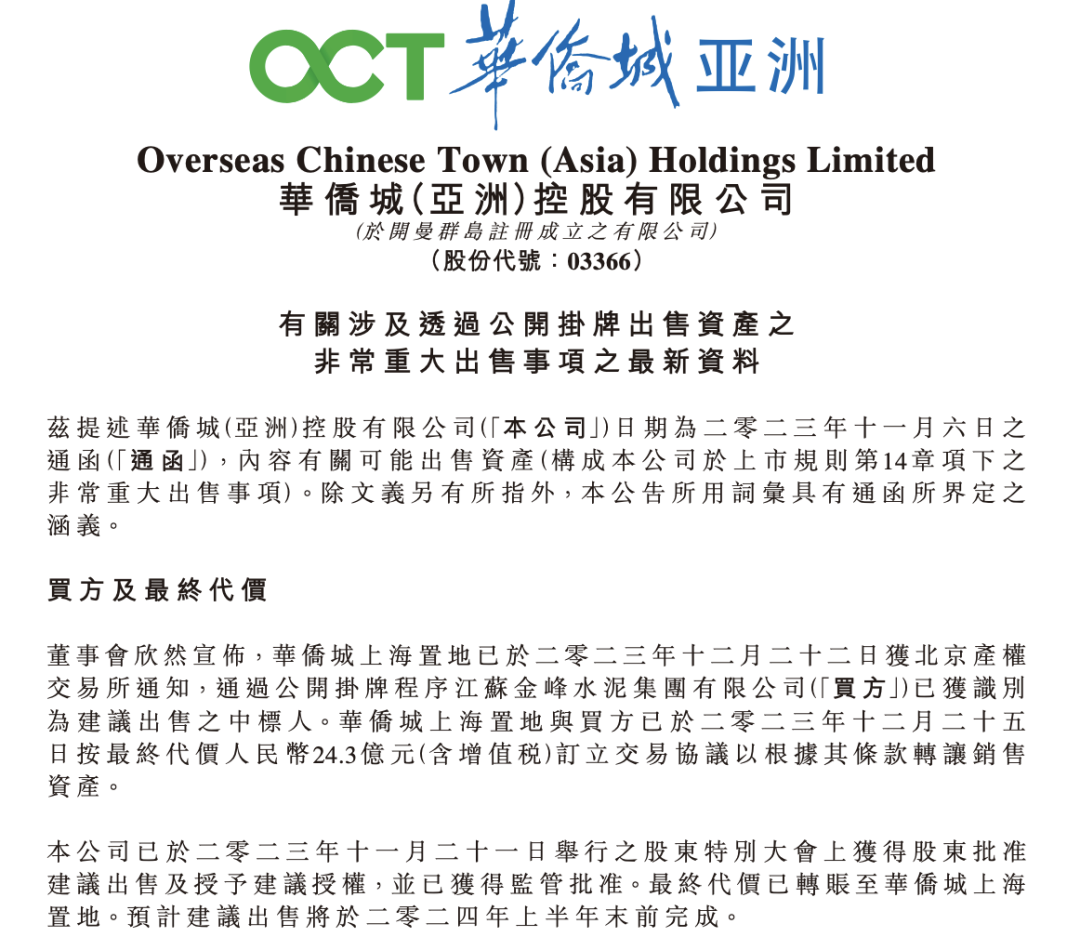 最终代价已转账至华侨城上海置地，预计建议出售将于2024年上半年末前完成