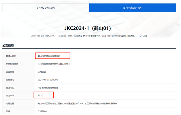 矿业权出让结果