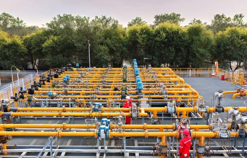 图为中国石油华北油田员工在流程区巡检