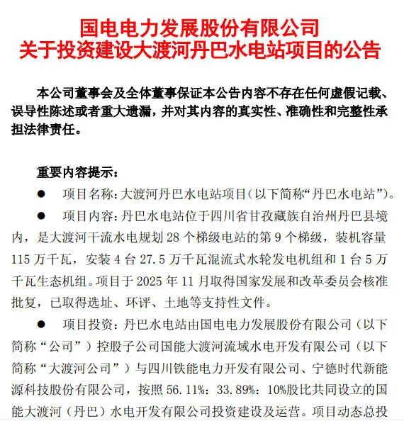 国电电力董事长请辞，公司拟联手宁德时代等参投总额逾150亿元水电项目